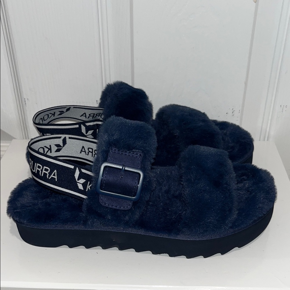 Koolaburra Navy Faux Fur Slide Sandals with Logo Backstrap